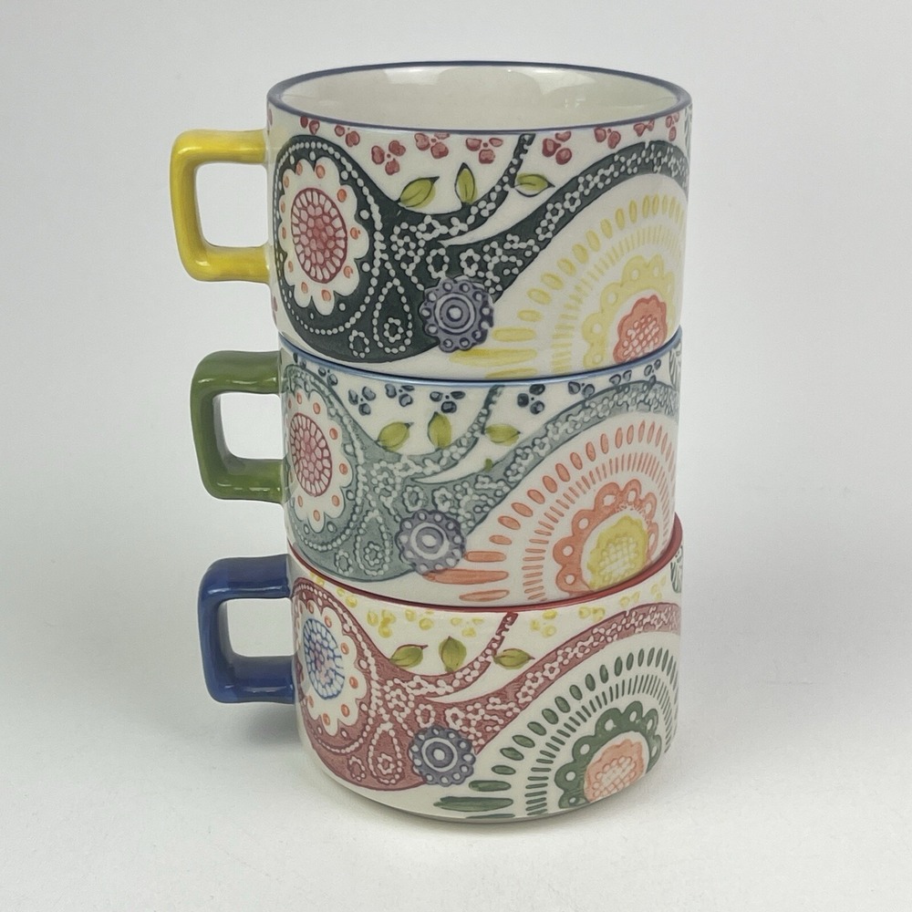 Pier One 1 Imports Paisley Stackable Coffee Mugs Cups Porcelain Set of 3